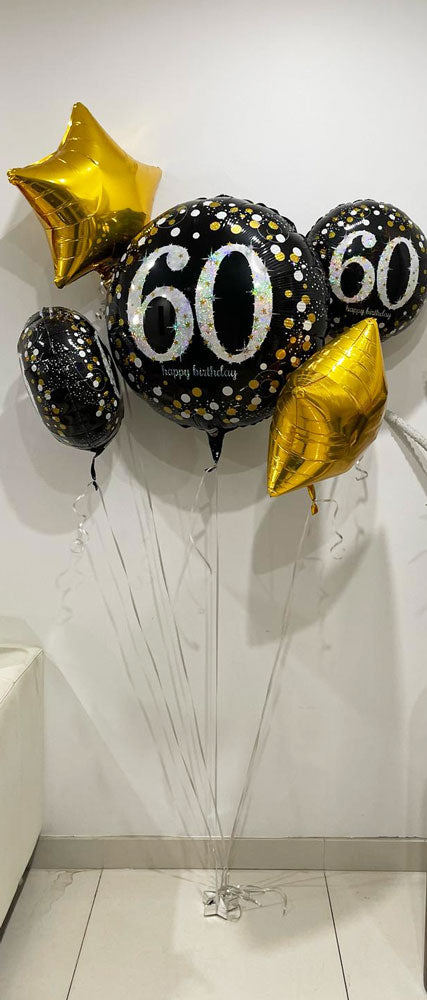 60. Geburtstag Folienballon-Set – 5-teilig, Goldene Sterne & Silberner Schriftzug, Selbstschließendes Ventil