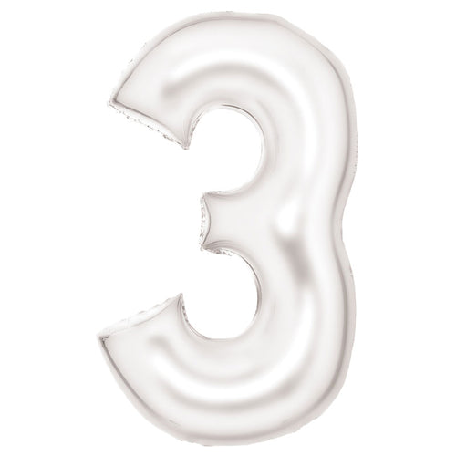 Number 3 White Silk Lustre Super Shape Foil Balloon 