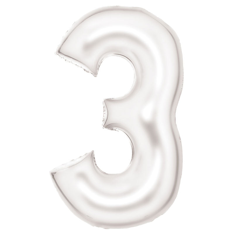 Number 3 White Silk Lustre Super Shape Foil Balloon 
