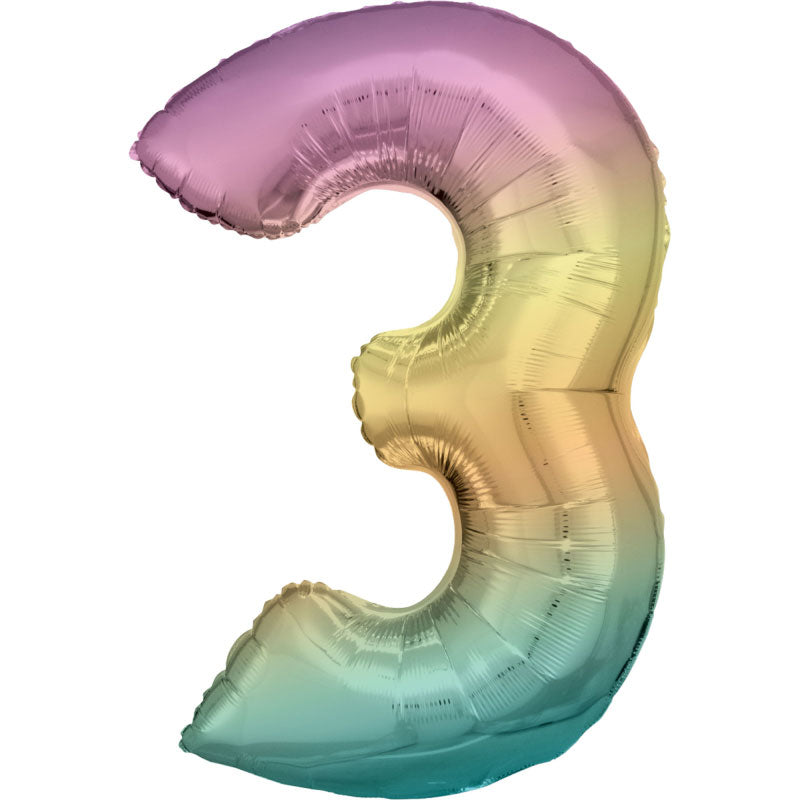 Number Three Pastel Rainbow Super Shape Foil Balloon