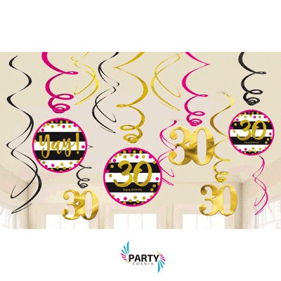 30th Birthday Pink and Gold Swirl Decorations