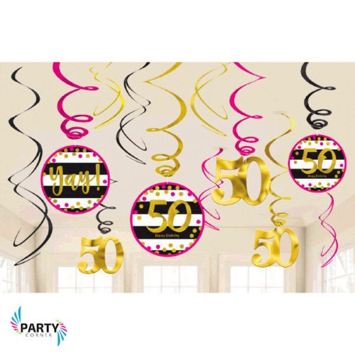 50th Birthday Pink and Gold Swirl Decorations