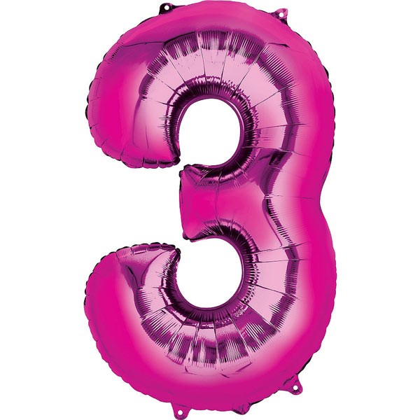 Number Three (3) Pink Foil Balloon 34 Inch