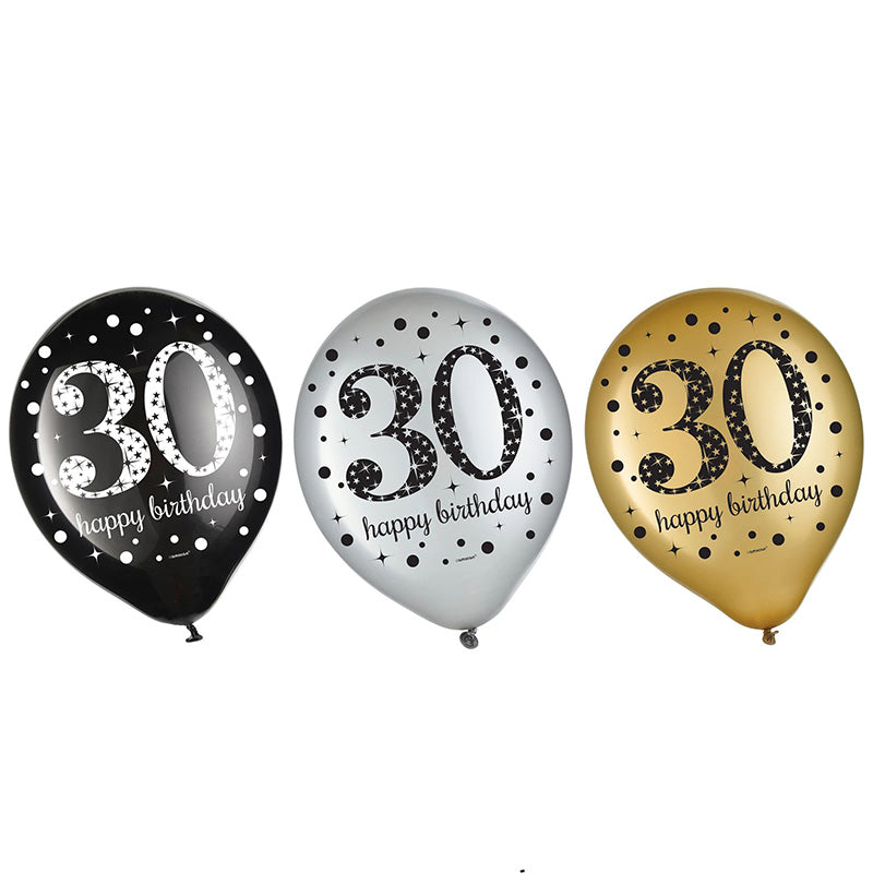 30th Birthday Party Sparkling Latex Balloons Pack Of 15